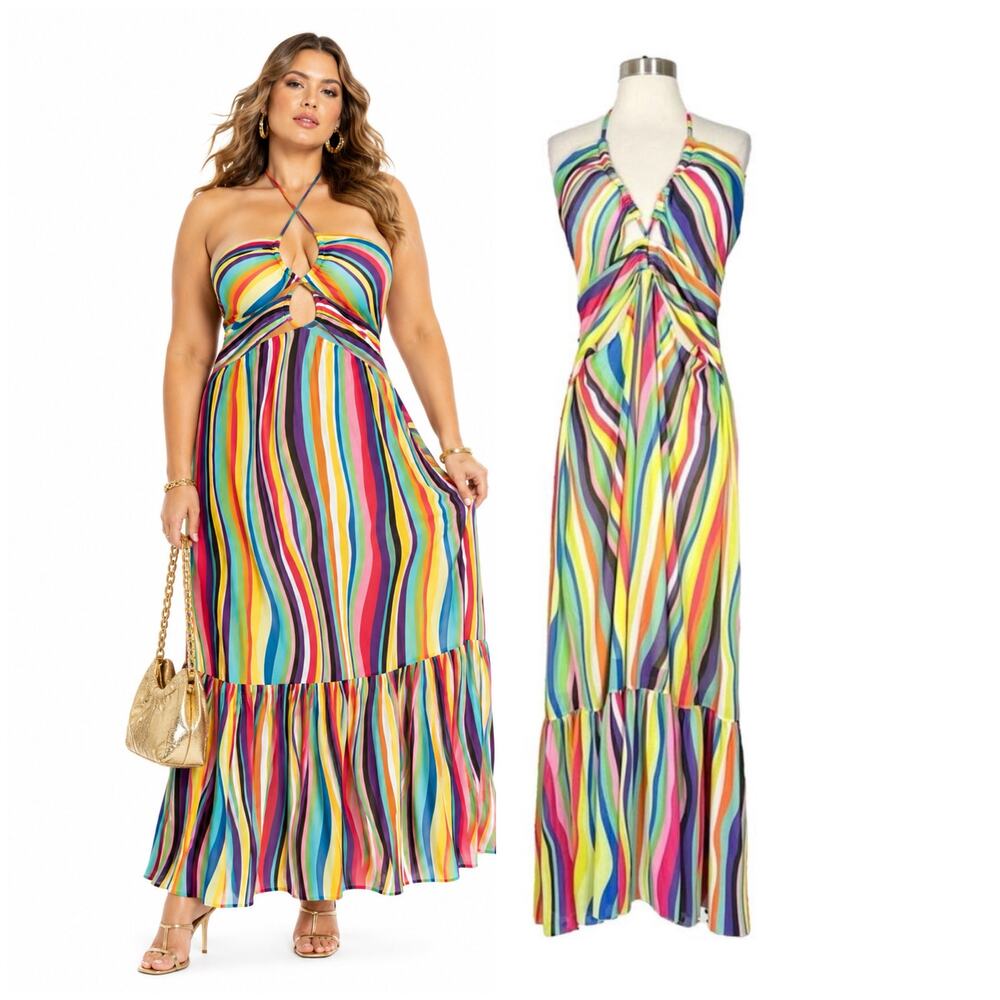 Eloquii | Colorful Striped Rainbow Strappy Cut Out Plus Size Halter Maxi Dress